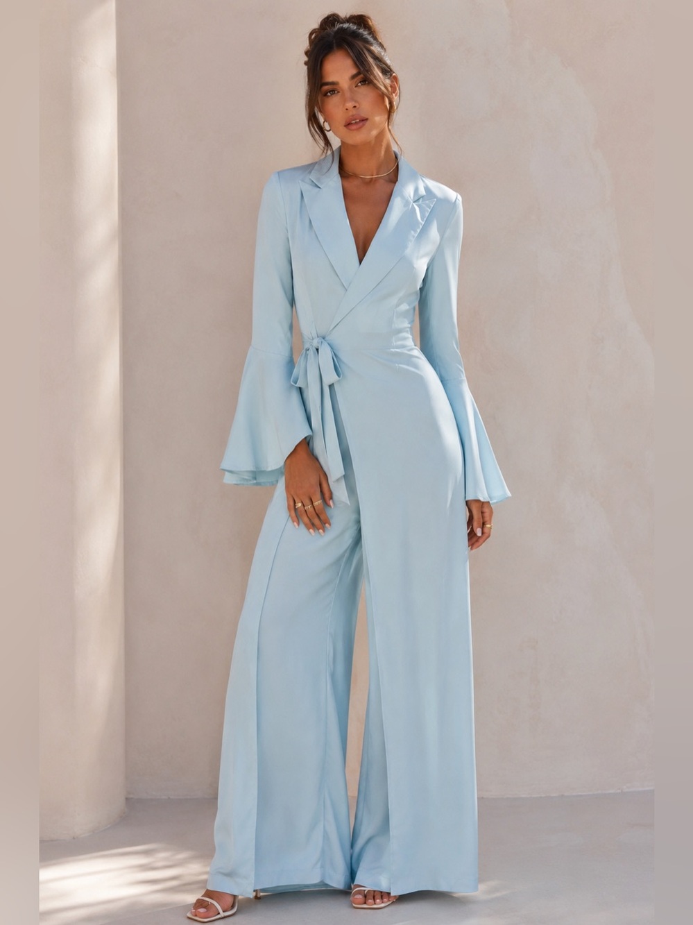 CBR Ice Blue Wrap Front Wide Leg Jumpsuit Bell Sleeve Minimal Luxe Formal